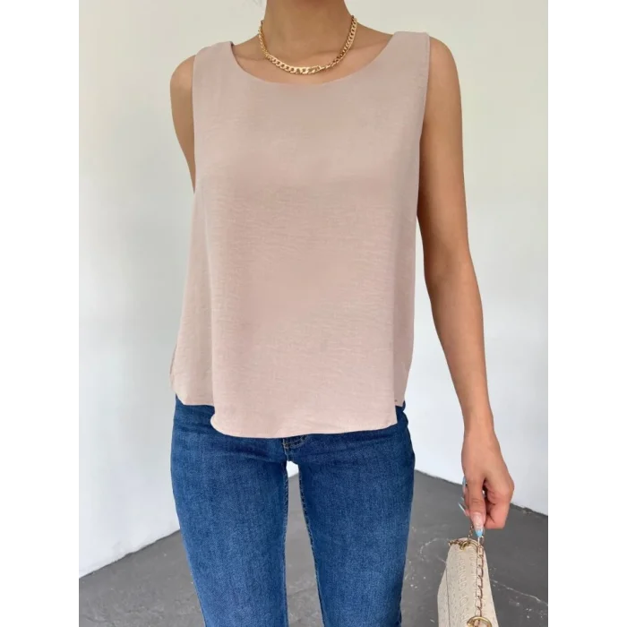 Sıfır Kollu Ayrobin Bluz  -Açık Vizon