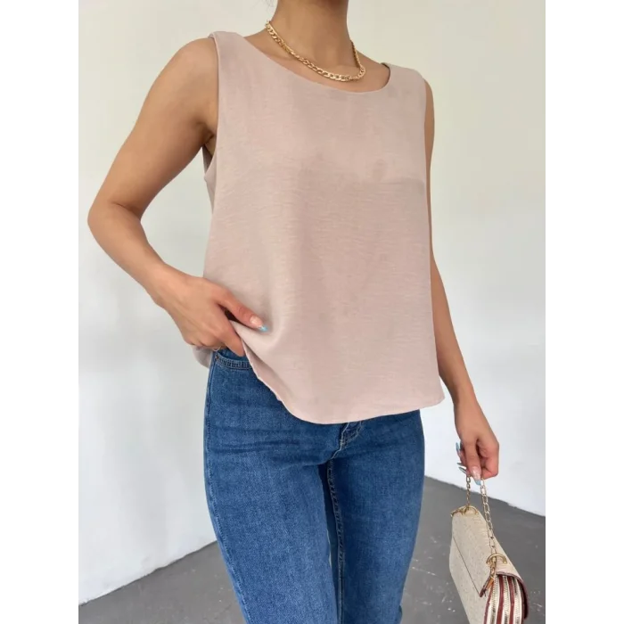 Sıfır Kollu Ayrobin Bluz  -Açık Vizon