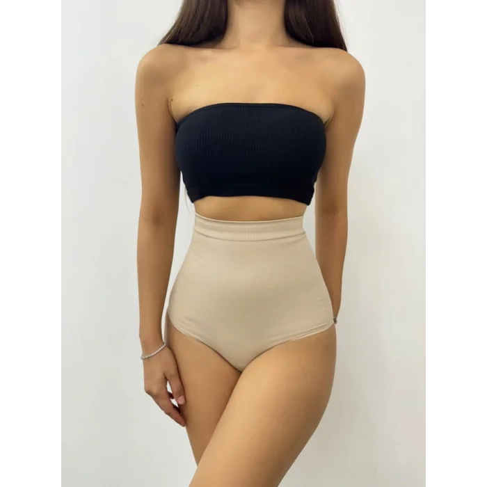 Silikonlu Uzun Bel Slip Korse -Krem