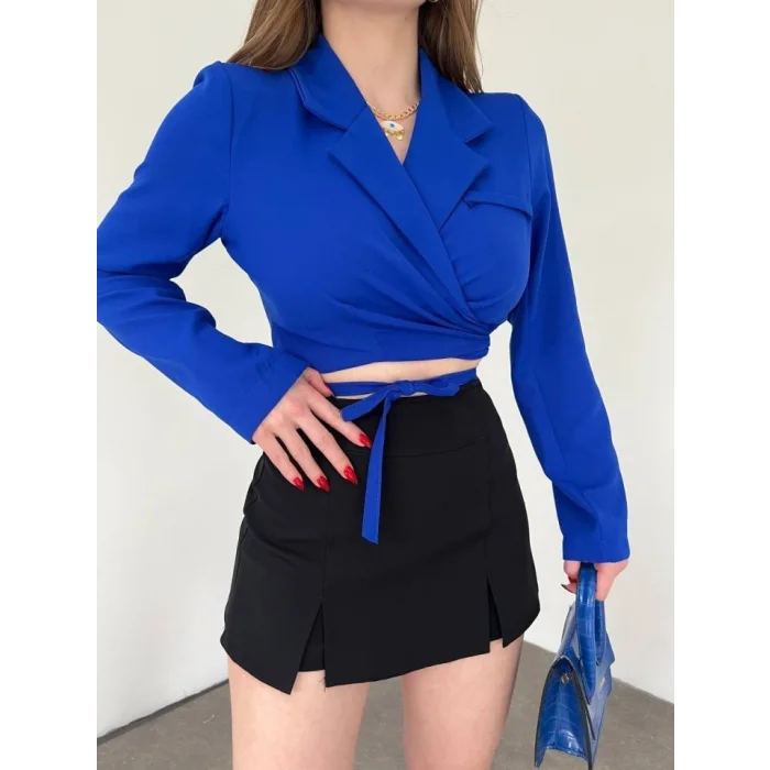 Sırt Dekolteli Beli Bağcıklı Crop Ceket -Saks