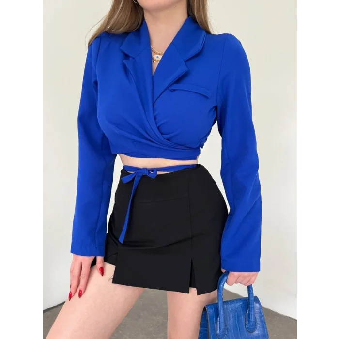 Sırt Dekolteli Beli Bağcıklı Crop Ceket -Saks