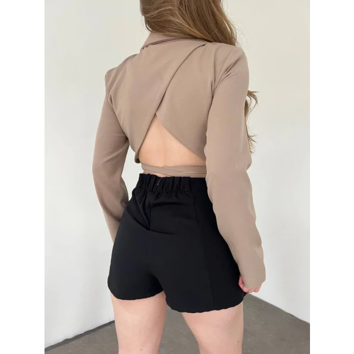 Sırt Dekolteli Beli Bağcıklı Crop Ceket -Vizon