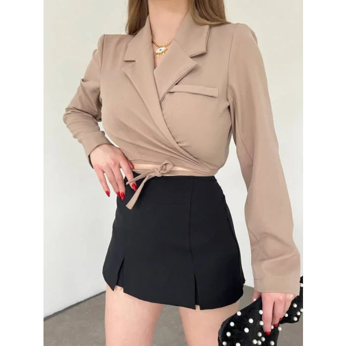 Sırt Dekolteli Beli Bağcıklı Crop Ceket -Vizon