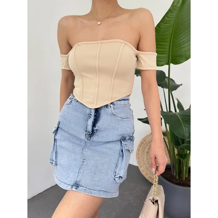 Sırt Fermuarlı Omuz Detaylı Korse Crop  -Bej