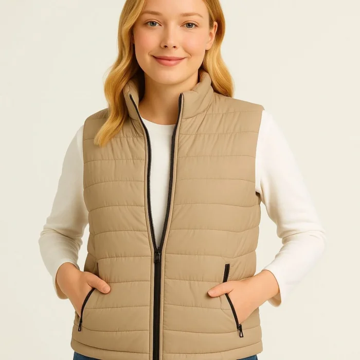 Şişme Fermuarlı Yelek Su Itici Kapitone Astarlı Kumaş Cepli Hafif Kışlık Spor Rahat Kalıp - Bej