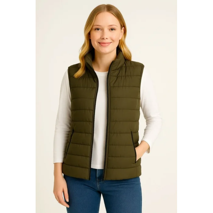 Şişme Fermuarlı Yelek Su Itici Kapitone Astarlı Kumaş Cepli Hafif Kışlık Spor Rahat Kalıp - Haki