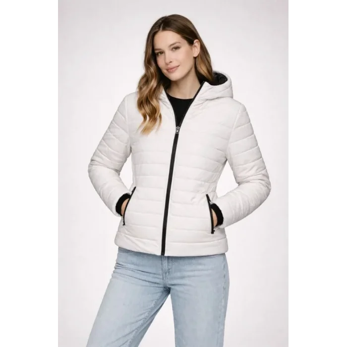 Şişme Kapüşonlu Fermuarlı Mont Su Itici Kapitone Astarlı Kumaş Cepli Kışlık Rahat Kalıp - Krem