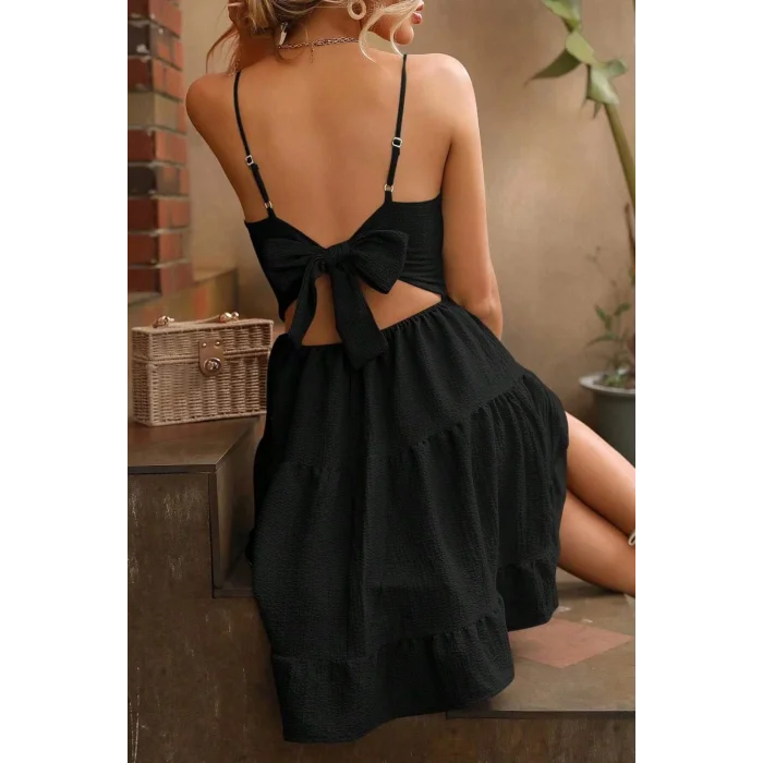 Siyah Askılı Sırt Dekolteli Yazlık Elbise E-5500