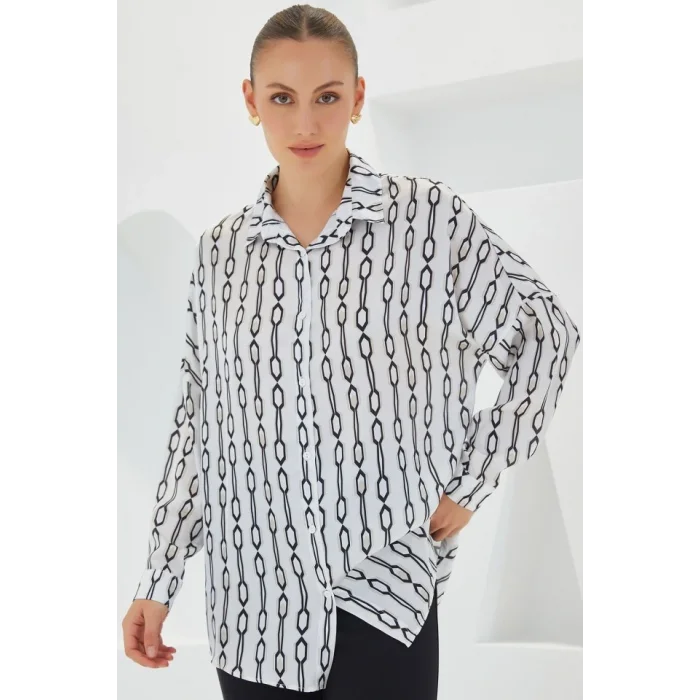 Siyah Beyaz Desenli Oversize Saten Gömlek 3985