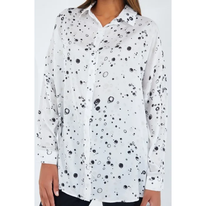 Siyah Beyaz Desenli Oversize Saten Gömlek 3985