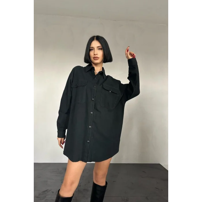 Siyah Çift Cep Kapaklı Çıtçıtlı Gömlek