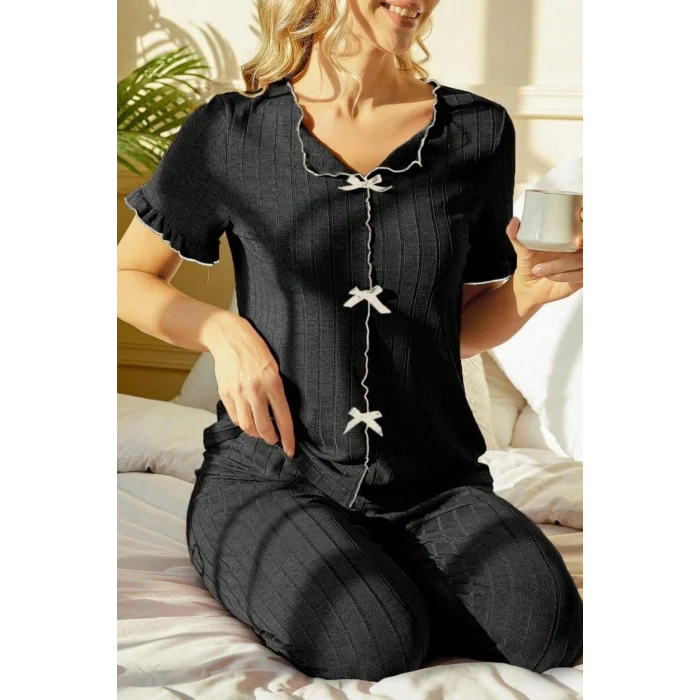 Siyah Kısa Kollu Pamuklu Pijama Takımı 7337