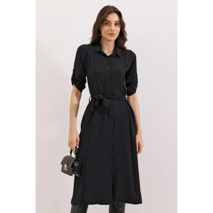 Siyah Kuşaklı Gömlek Elbise 2442