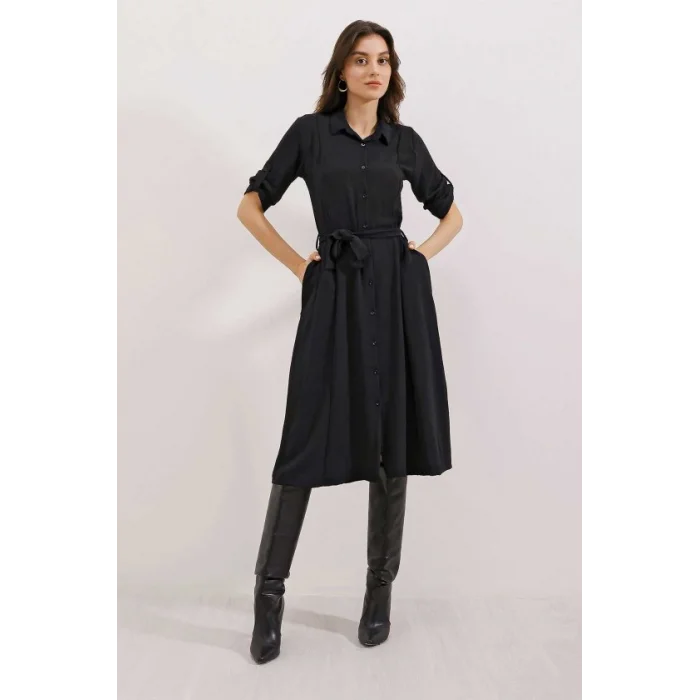 Siyah Kuşaklı Gömlek Elbise 2442