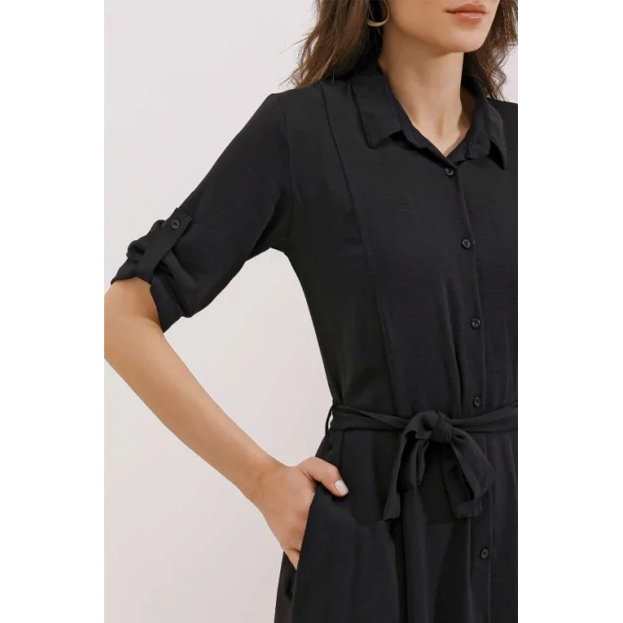 Siyah Kuşaklı Gömlek Elbise 2442