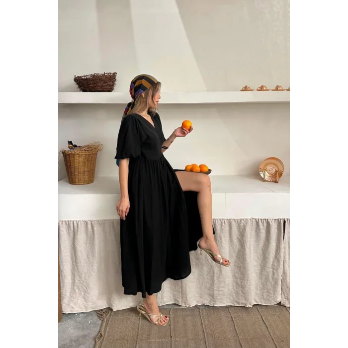Siyah Müslin Uzun Elbise