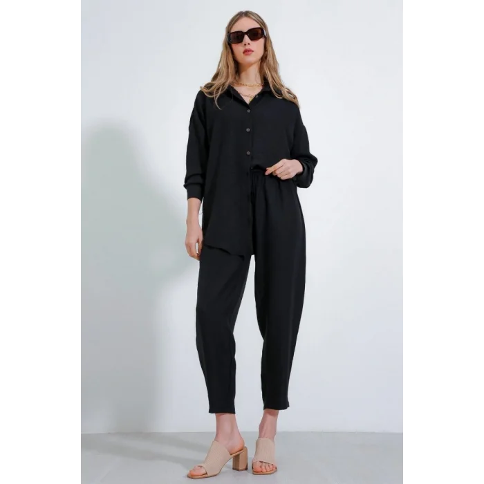 Siyah Oversize Keten Alt Üst Takım 6622