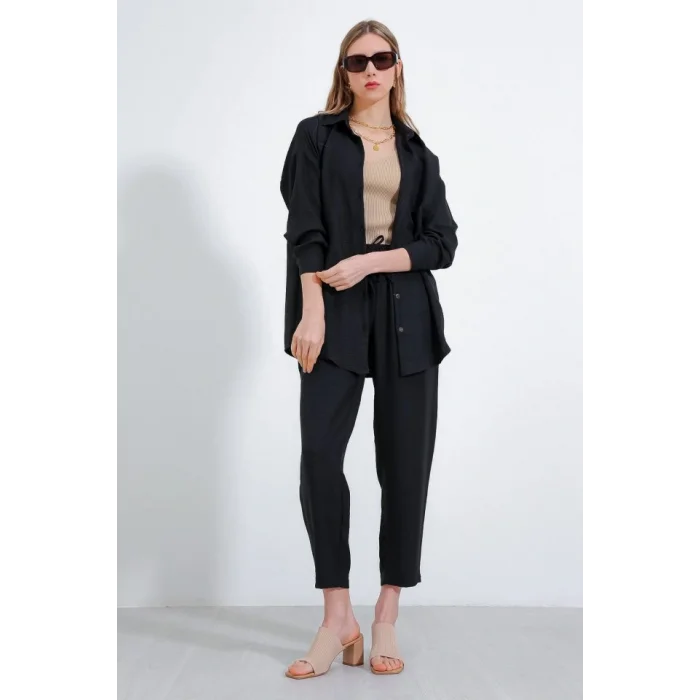 Siyah Oversize Keten Alt Üst Takım 6622