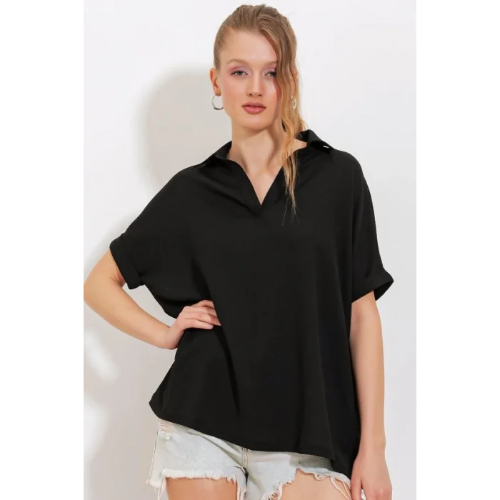 Siyah Oversize Polo Yaka Örme Bluz 0486