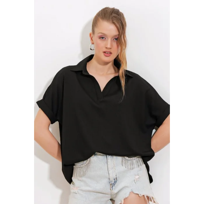 Siyah Oversize Polo Yaka Örme Bluz 0486
