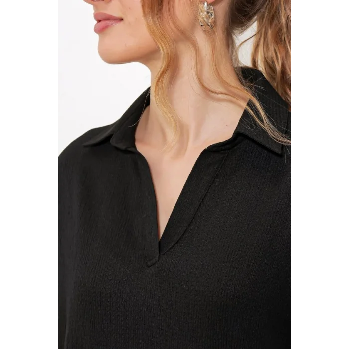 Siyah Oversize Polo Yaka Örme Bluz 0486