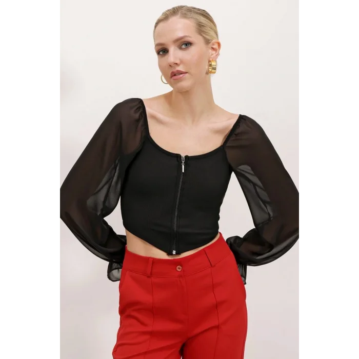 Siyah Şifon Önü Fermuarlı Bluz 0496