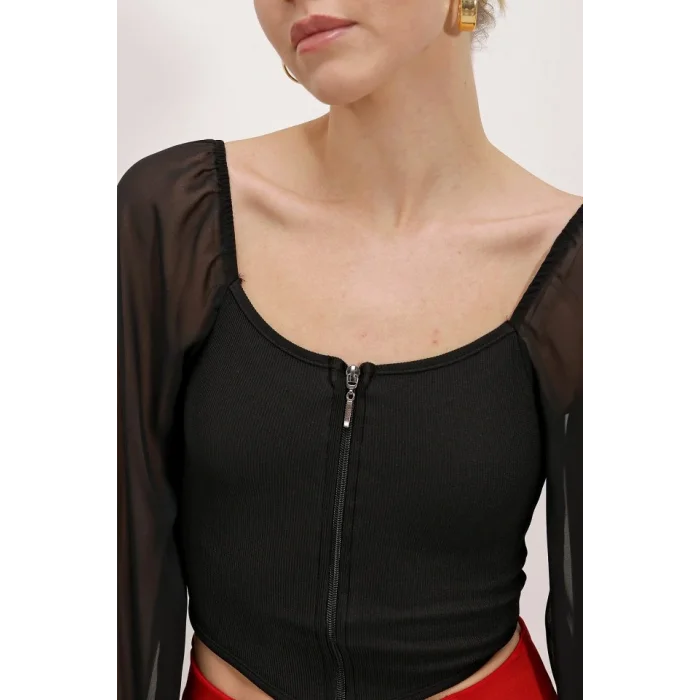 Siyah Şifon Önü Fermuarlı Bluz 0496