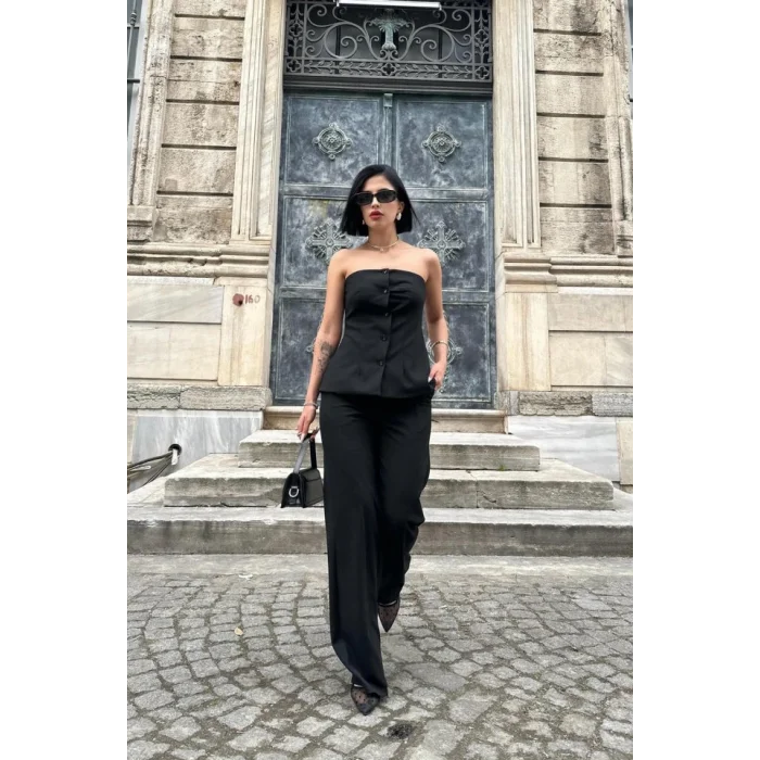 Siyah Straplez Düğmeli Crop Ve Pantolon Takım