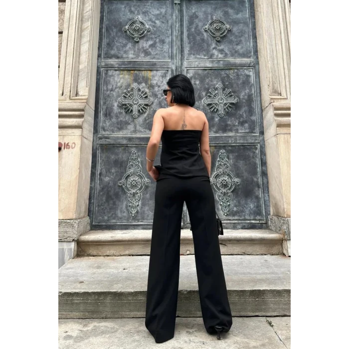 Siyah Straplez Düğmeli Crop Ve Pantolon Takım