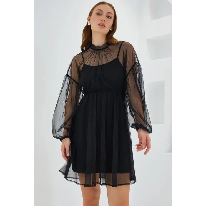 Siyah Tül Detaylı Mini Elbise 2485