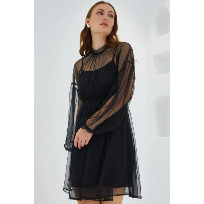 Siyah Tül Detaylı Mini Elbise 2485