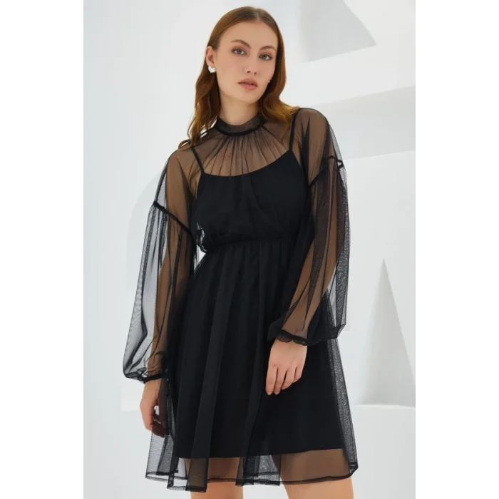 Siyah Tül Detaylı Mini Elbise 2485