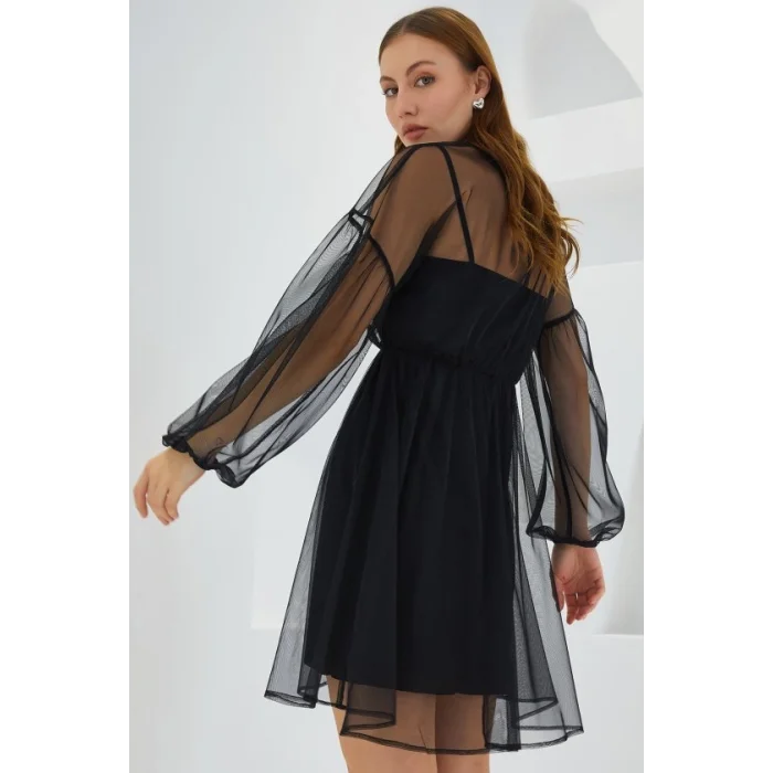 Siyah Tül Detaylı Mini Elbise 2485