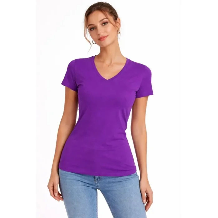 T-Shirt V Yaka Slim Fit Likralı Tişört Günlük Basic Body - Mor