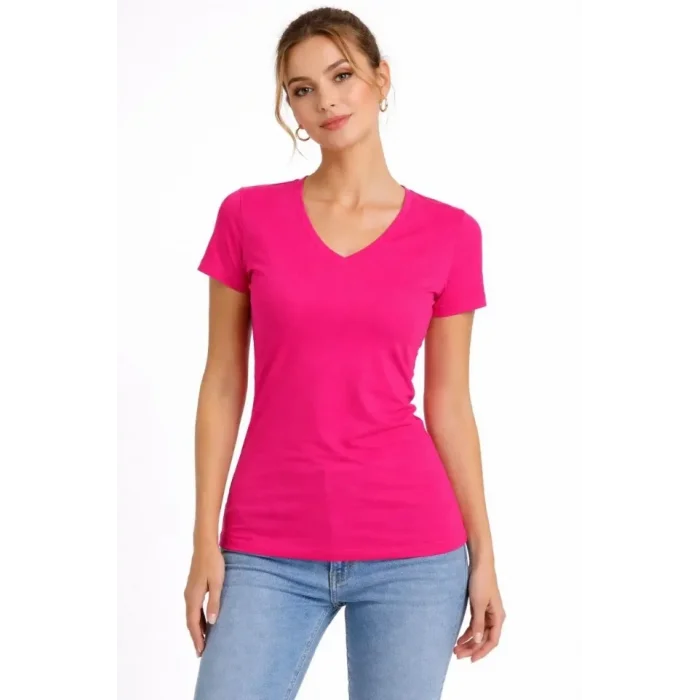 T-Shirt V Yaka Slim Fit Likralı Tişört Günlük Basic Body - Pembe
