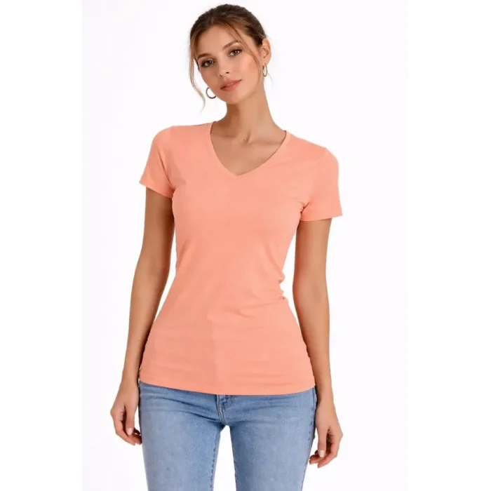 T-Shirt V Yaka Slim Fit Likralı Tişört Günlük Basic Body - Toz Pembe