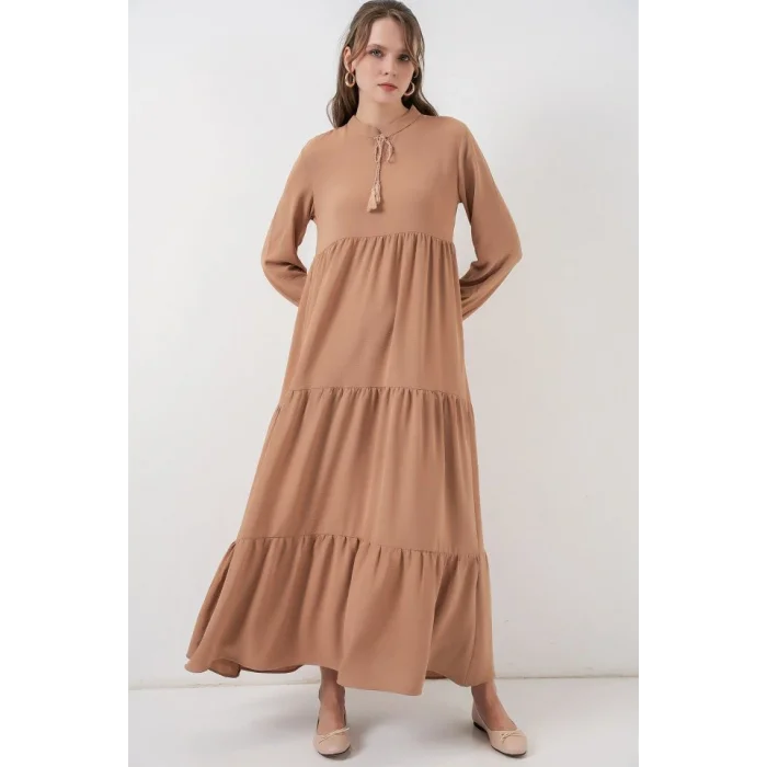 T1627 Yaka Bağcıklı Elbise - D.Vizon