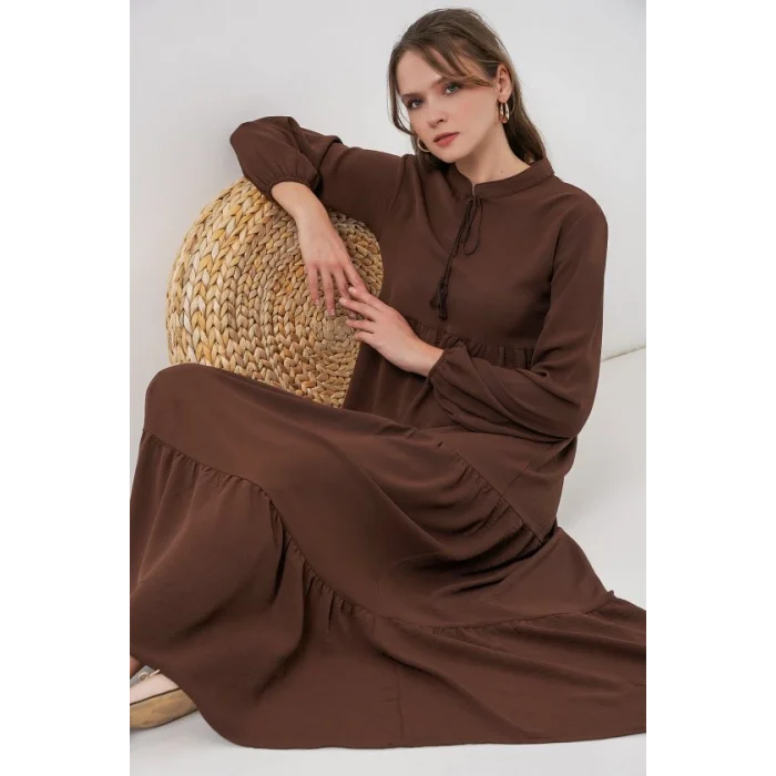 T1627 Yaka Bağcıklı Elbise - E. Kahve