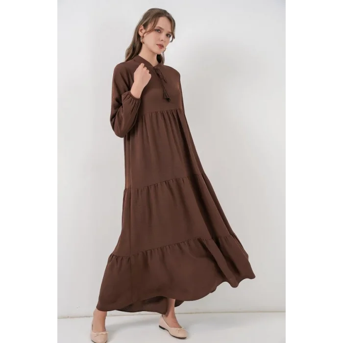 T1627 Yaka Bağcıklı Elbise - E. Kahve