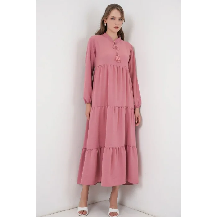 T1627 Yaka Bağcıklı Elbise - Gül Kurusu