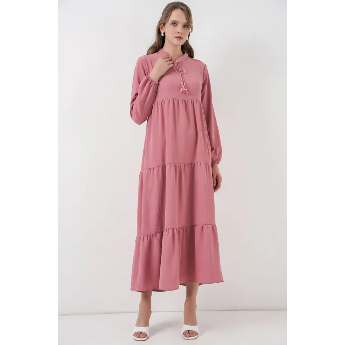 T1627 Yaka Bağcıklı Elbise - Gül Kurusu