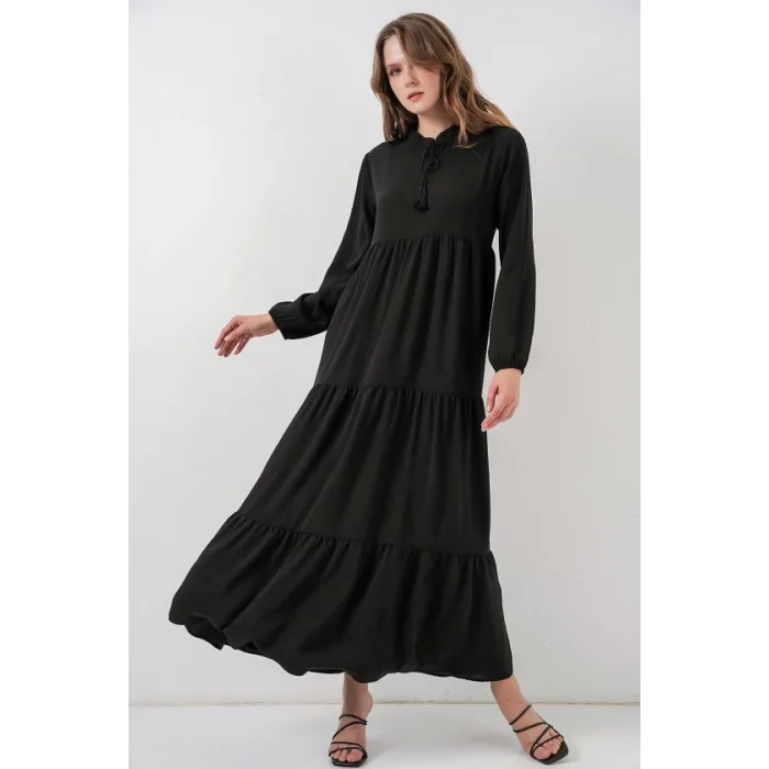 T1627 Yaka Bağcıklı Elbise - Siyah