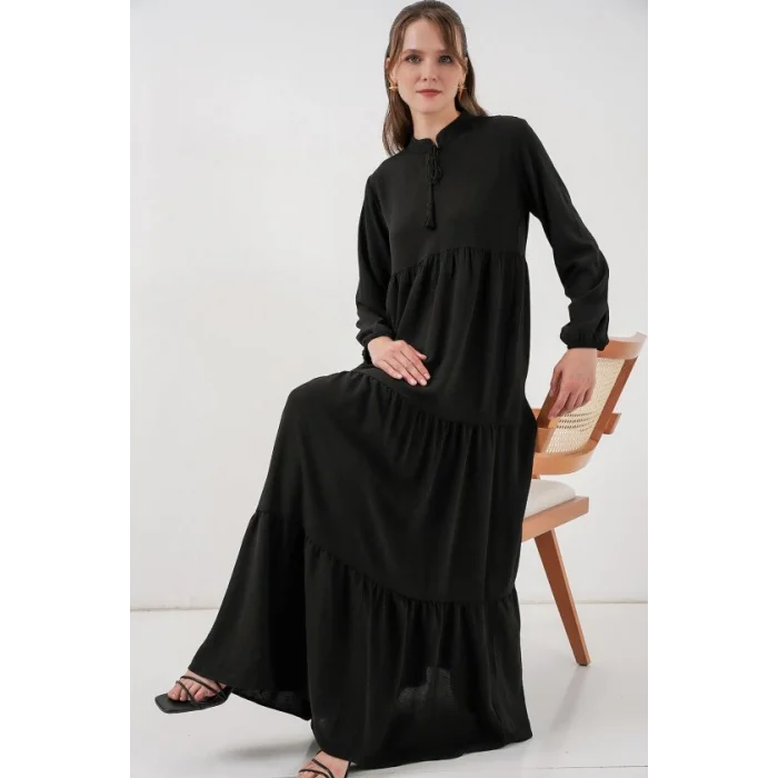T1627 Yaka Bağcıklı Elbise - Siyah