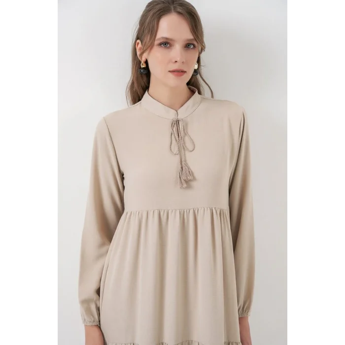 T1627 Yaka Bağcıklı Elbise - Taş