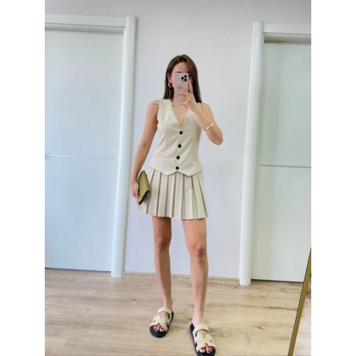 Takım Görünümlu Yelekli Mini Elbise- Bej