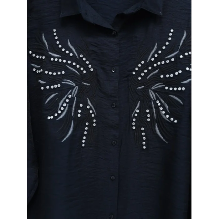 Taş Ve Nakış İşlemeli Keten Gömlek -Siyah