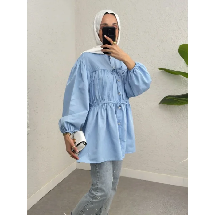 Taşlı Düğmeli Kolu Lastikli Bağlama Detaylı Gömlek -Bebe Mavi