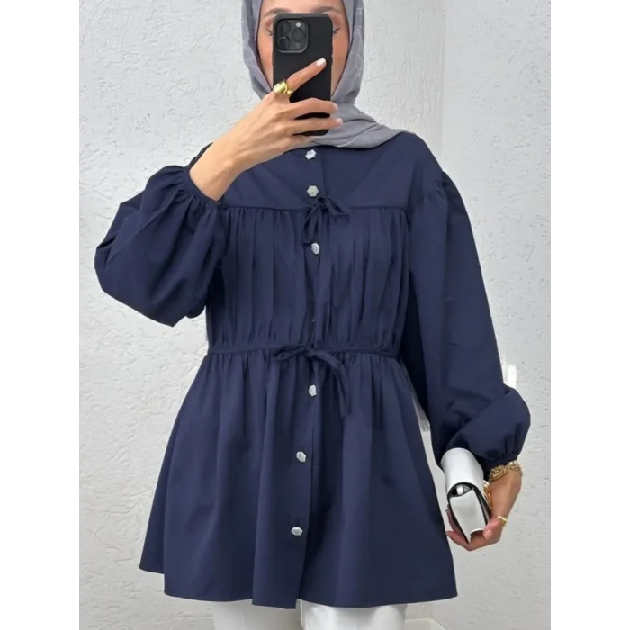 Taşlı Düğmeli Kolu Lastikli Bağlama Detaylı Gömlek -Laci