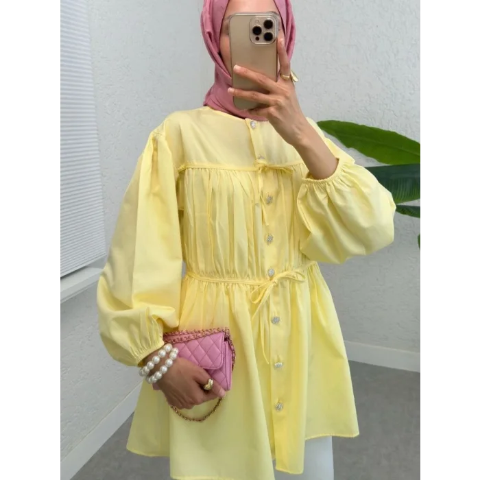 Taşlı Düğmeli Kolu Lastikli Bağlama Detaylı Gömlek -Sarı