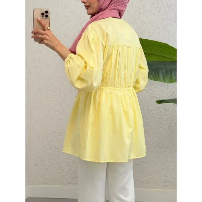 Taşlı Düğmeli Kolu Lastikli Bağlama Detaylı Gömlek -Sarı